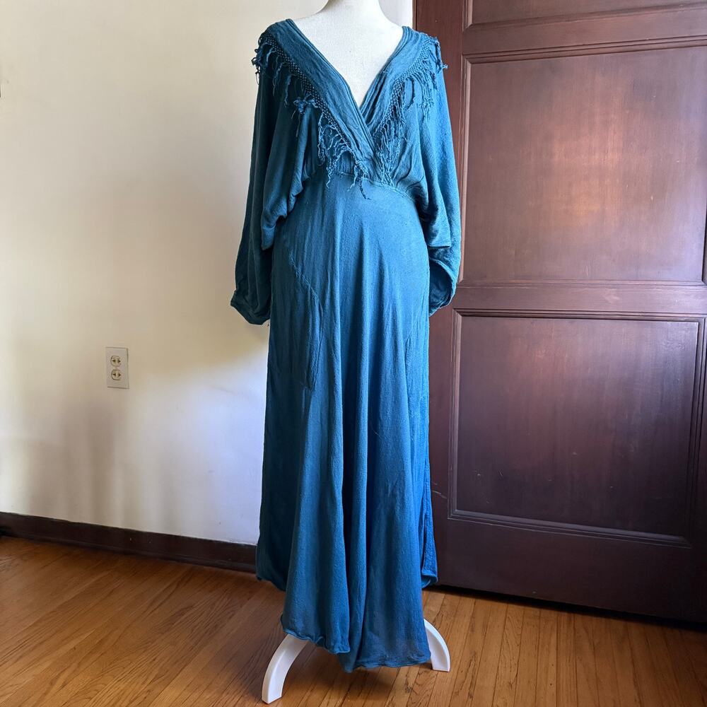 1980s Vintage LAISE ADZER Peacock Blue Textured V Shaped Lagenlook Dress